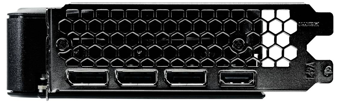 Widok z tyłu karty graficznej, z wieloma wyjściami HDMI i DisplayPort oraz wentylacją o strukturze plastra miodu do chłodzenia.