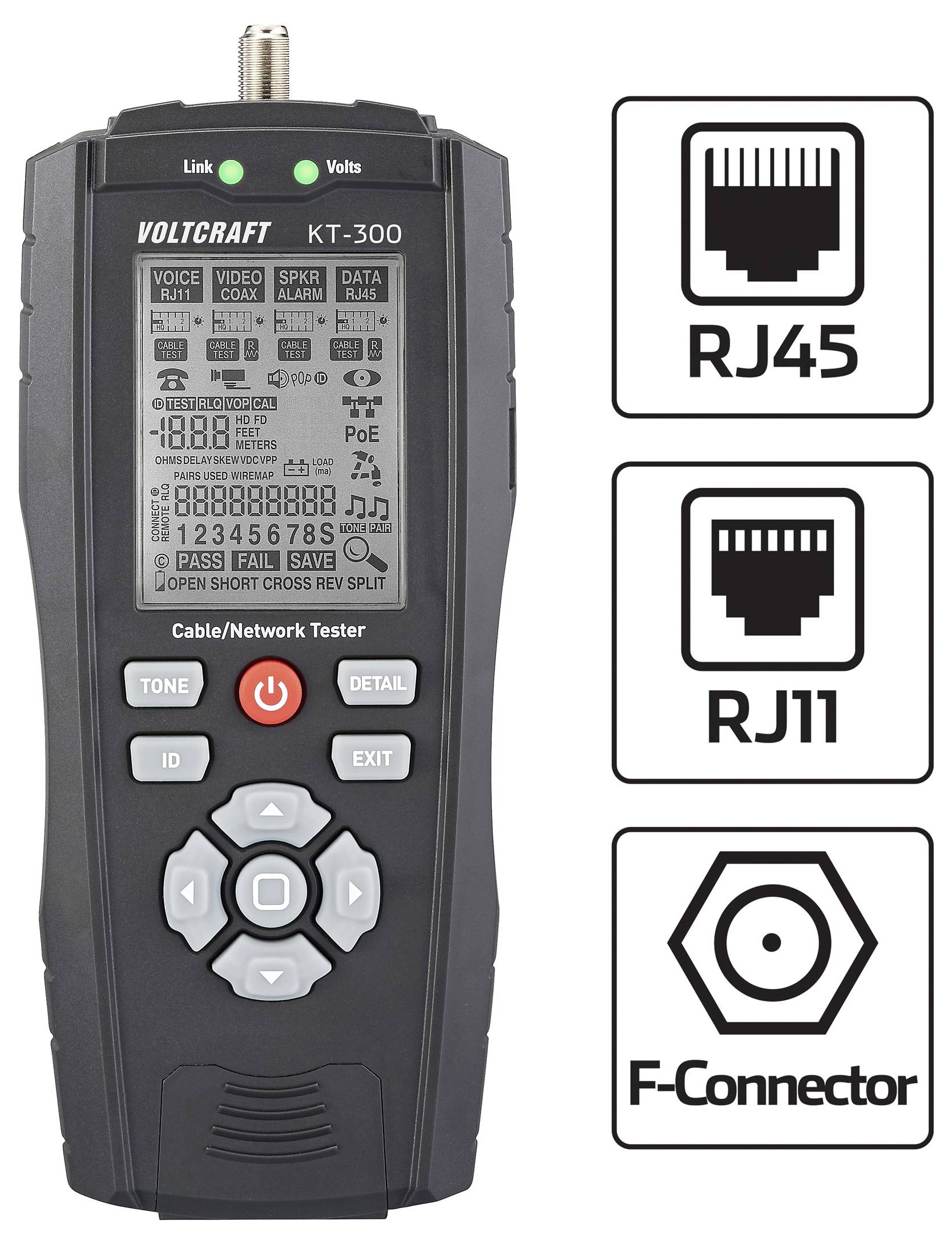 Czarny tester kabli sieciowych oznaczony „VOLTCRAFT KT-300" z symbolami dla RJ45, RJ11 i F-Connector oraz małym ekranem wyświetlającym szczegóły testów.