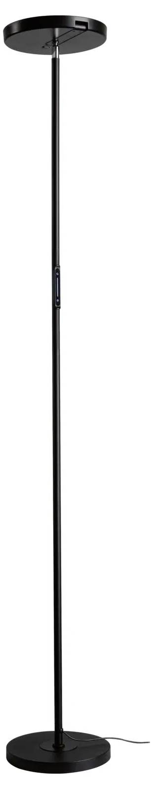 Wysoka, czarna lampa podłogowa z okrągłą podstawą i abażurem, wyposażona w smukły, regulowany słup oraz przewód zasilający umieszczony u podstawy.