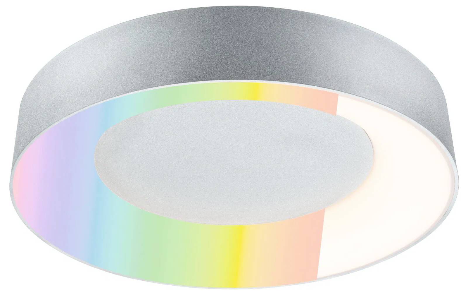 Lampa sufitowa z okrągłą, metalową ramą wyświetlająca spektrum kolorów wzdłuż krawędzi, płynnie mieszająca barwy tęczy.