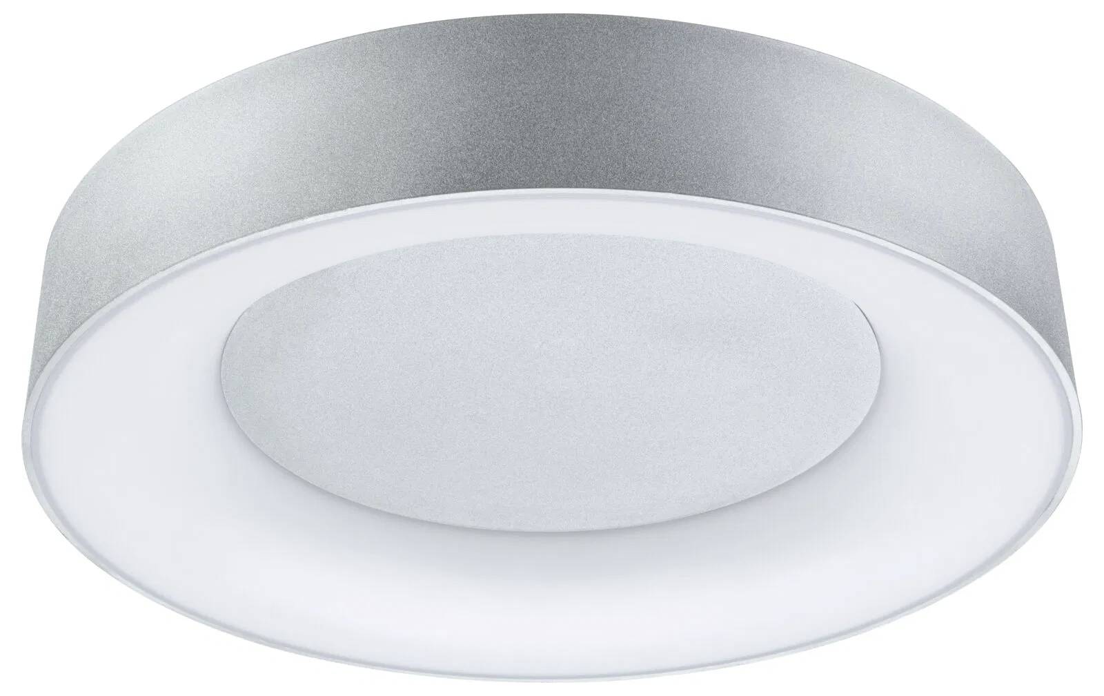 Okrągła lampa sufitowa LED z eleganckiego metalu, wyposażona w centralną białą, matową osłonę zapewniającą równomierne rozproszenie światła.