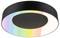 Okrągła lampa sufitowa o eleganckiej czarnej obudowie, z tęczowym gradientem wzdłuż krawędzi, dodająca kolorowego akcentu.