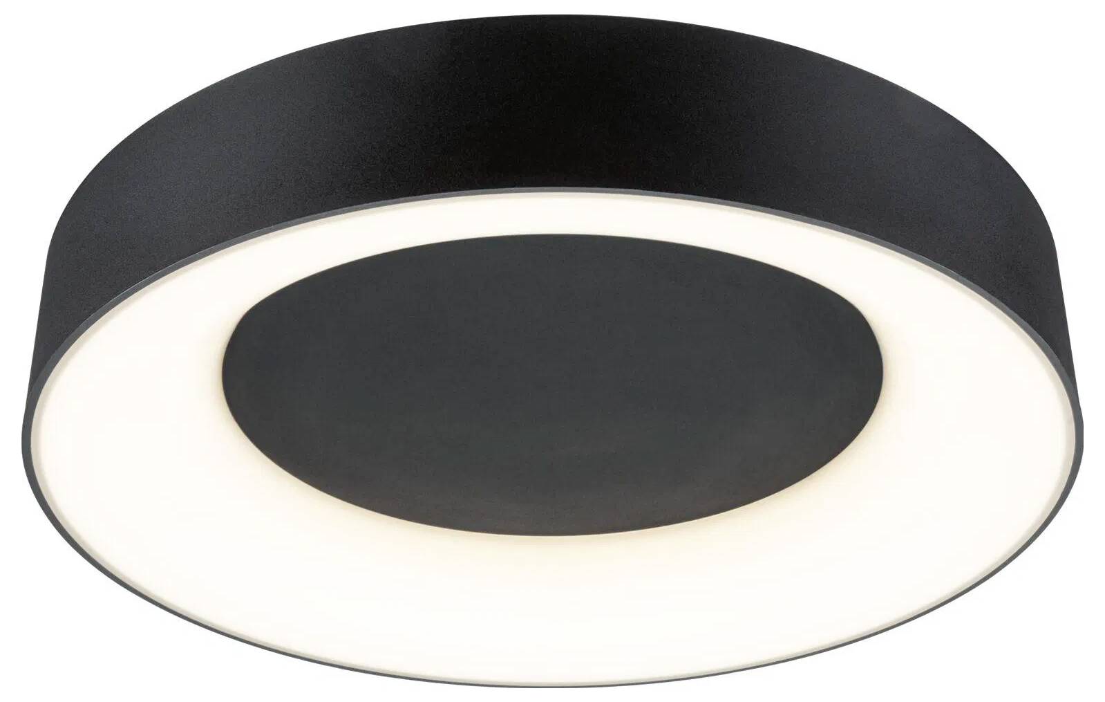 Okrągła, nowoczesna lampa sufitowa z czarnym pierścieniem zewnętrznym i podświetlanym centrum, przeznaczona do użytku wewnętrznego.