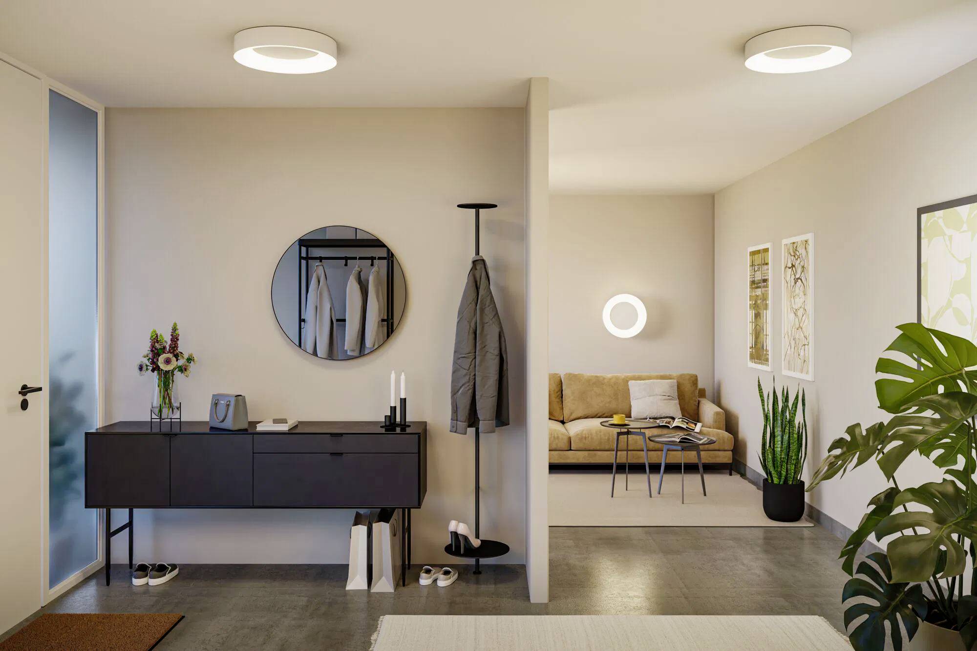 Nowoczesny salon i korytarz z minimalistyczną dekoracją. Korytarz wyposażony jest w ciemną konsolę, lustro i wieszak na ubrania. Strefa wypoczynkowa posiada beżową sofę, rośliny i dekoracje ścienne.