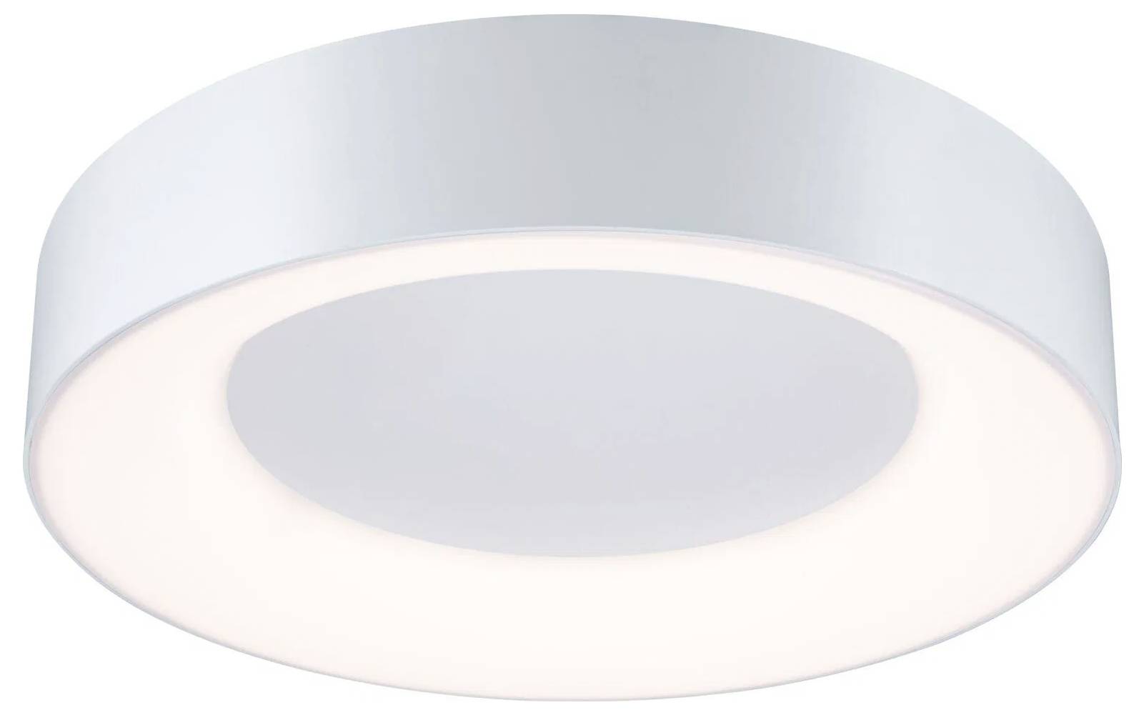 Okrągła lampa sufitowa o minimalistycznym designie, wyposażona w białą ramę i rozpraszający panel, zapewnia miękkie, równomierne oświetlenie.