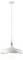 Nowoczesna biała lampa wisząca z gładką, łukowatą bryłą i świecącą żarówką, zawieszona na cienkiej białej lince przy sufitowej oprawie.
