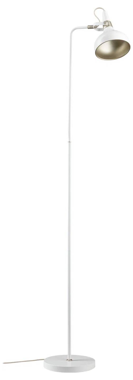 Wysoka, biała lampa stojąca z regulowanym, kopulastym kloszem skierowanym w dół. Lampa posiada okrągłą podstawę i smukłą pionową kolumnę.
