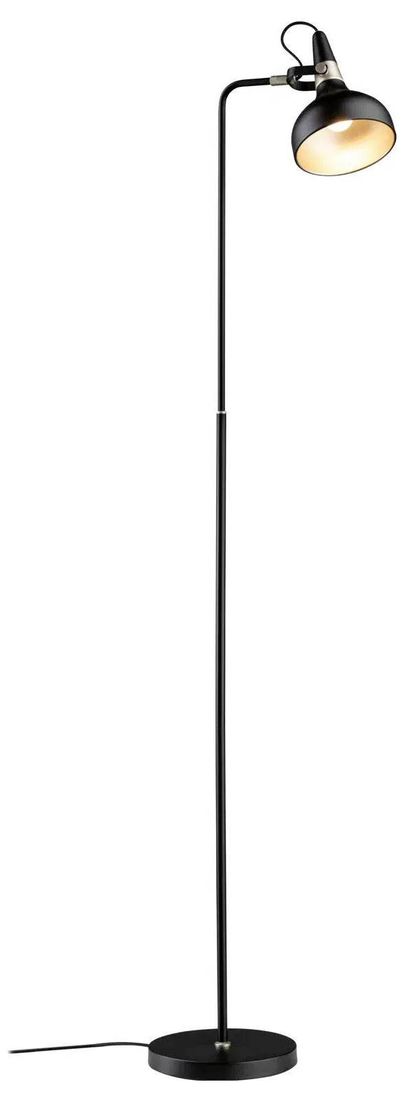 Czarna lampa stojąca z okrągłą podstawą i regulowaną głowicą, rzucająca ciepłe światło. Idealna do czytania lub jako lampa akcentowa.