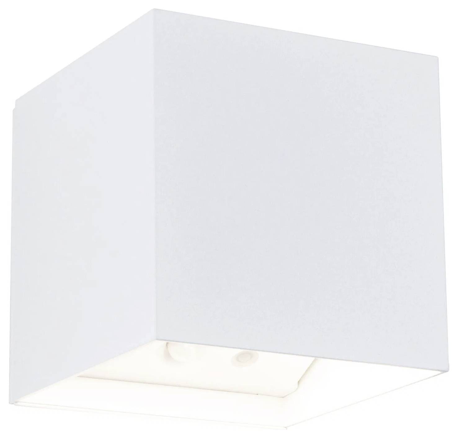 Biała, sześcienna lampa ścienna o nowoczesnym, minimalistycznym designie, emitująca światło od spodu.