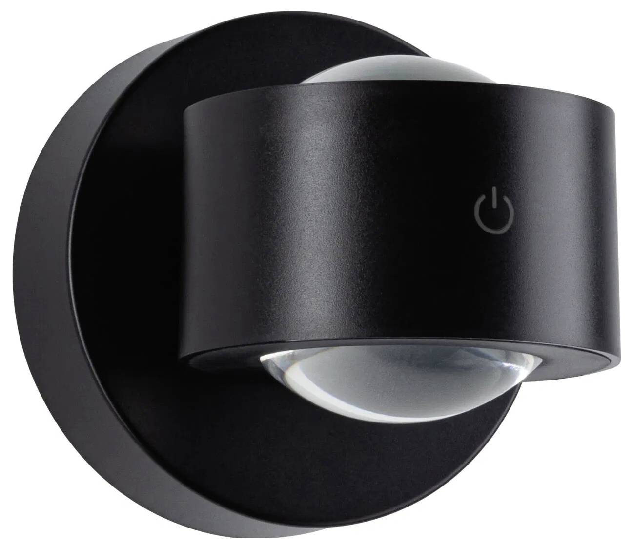 Czarna ścienna lampa LED o zaokrąglonej konstrukcji, z ikoną zasilania na przedniej części.