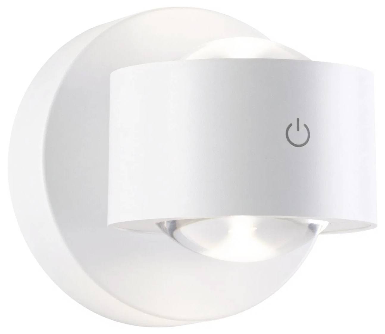 Naścienna, nowoczesna biała lampa z symbolem zasilania po stronie, emitująca miękkie światło skierowane w dół.