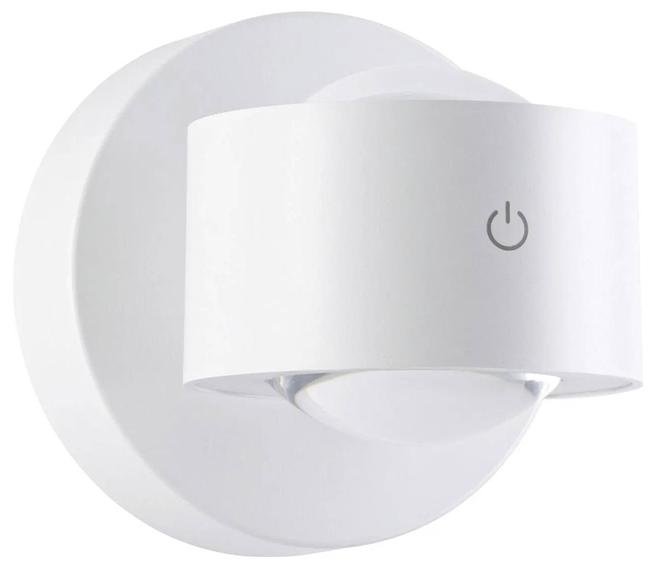 Biała, naścienna lampa LED z okrągłą podstawą i cylindrycznym kloszem. Na przedniej stronie widoczna jest ikona zasilania.