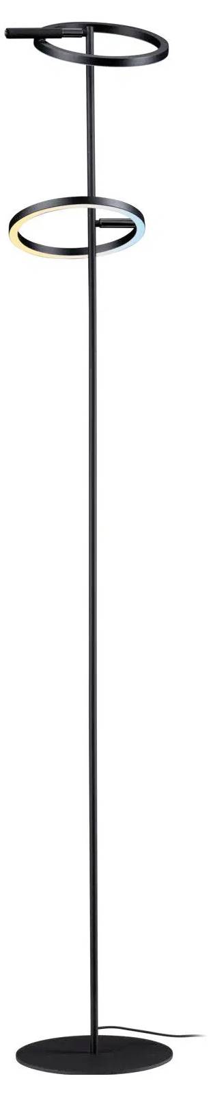 Nowoczesna czarna lampa podłogowa ze smukłą kolumną i dwoma okrągłymi pierścieniami LED, jeden umieszczony na górze, a drugi pośrodku, oba lekko pochylone.