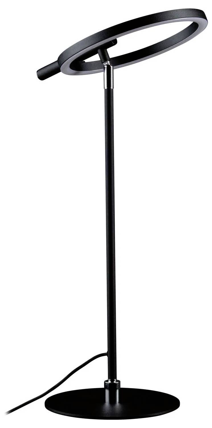 Smukła czarna lampa podłogowa z okrągłym światłem LED i cienką podstawą, charakteryzująca się nowoczesnym, minimalistycznym designem.