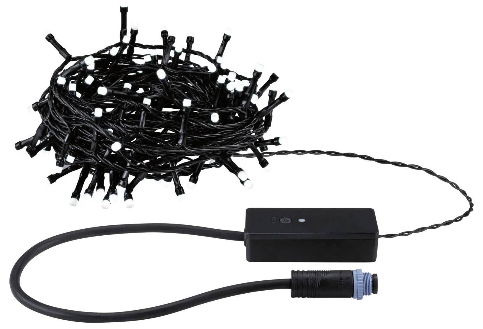 Girlanda z białymi żarówkami LED zwinięta w wiązankę obok podłączonej czarnej skrzynki zasilającej z grubym przewodem i niebieskim złączem.