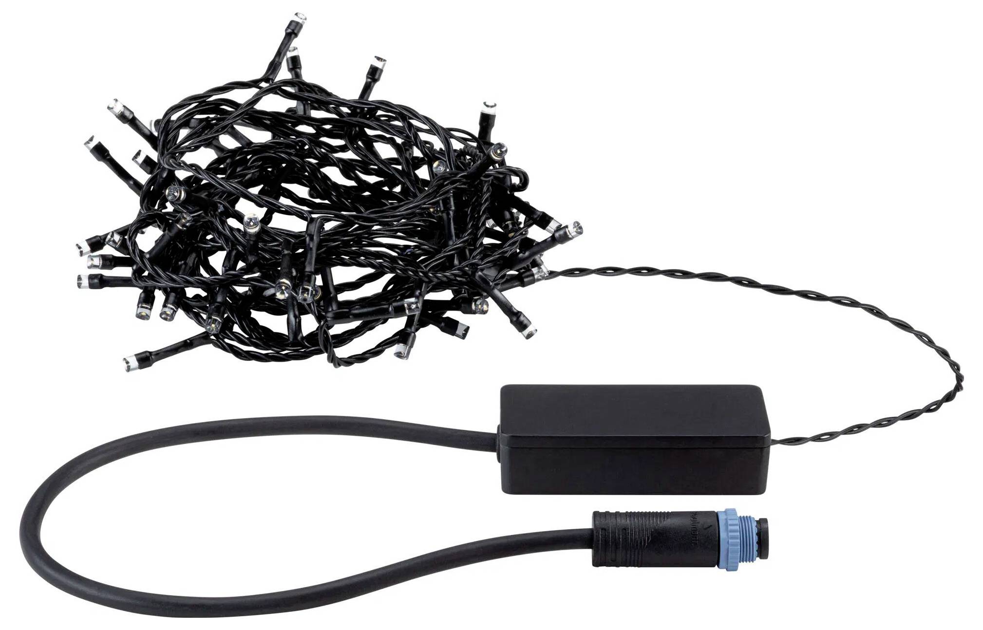 Czarne diodowe girlandy świetlne z czarną jednostką sterującą i złączem, estetycznie zwinięte, przeznaczone do dekoracji lub świątecznego oświetlenia.