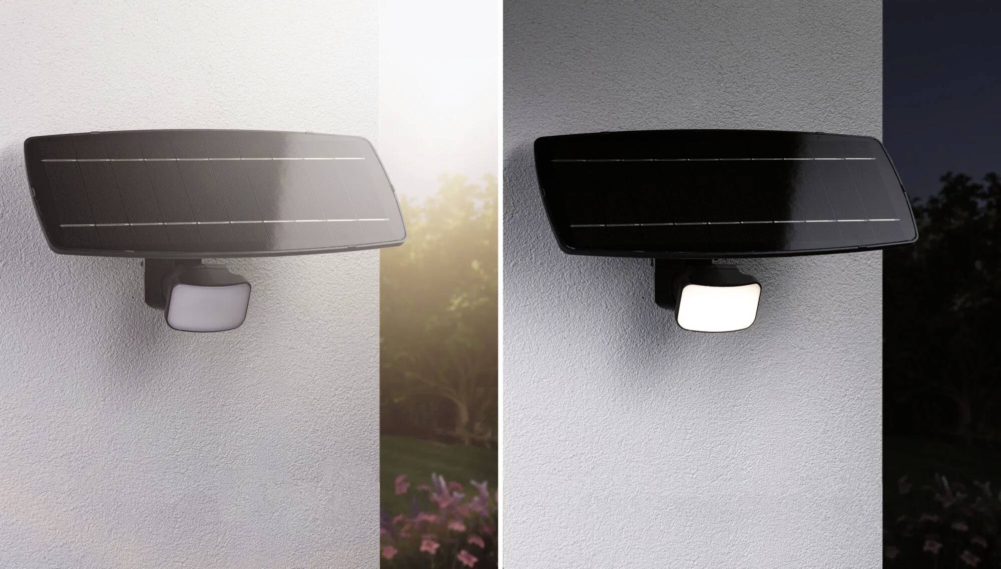 Lampa bezpieczeństwa z panelem słonecznym na ścianie, pokazana w ciągu dnia i podświetlona w nocy, z krajobrazem ogrodu w tle.