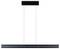 Minimalistyczna czarna lampa wisząca z dwoma równoległymi poziomymi belkami zawieszonymi na cienkich linach od prostokątnej podtynkowej podstawy sufitowej.