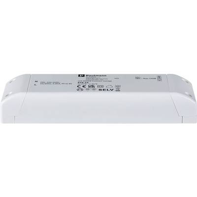 Prostokątny sterownik LED oznaczony etykietą 'Paulmann', 12V, maks. 150W; przedstawia symbole elektryczne oraz specyfikacje dotyczące podłączenia i użycia.