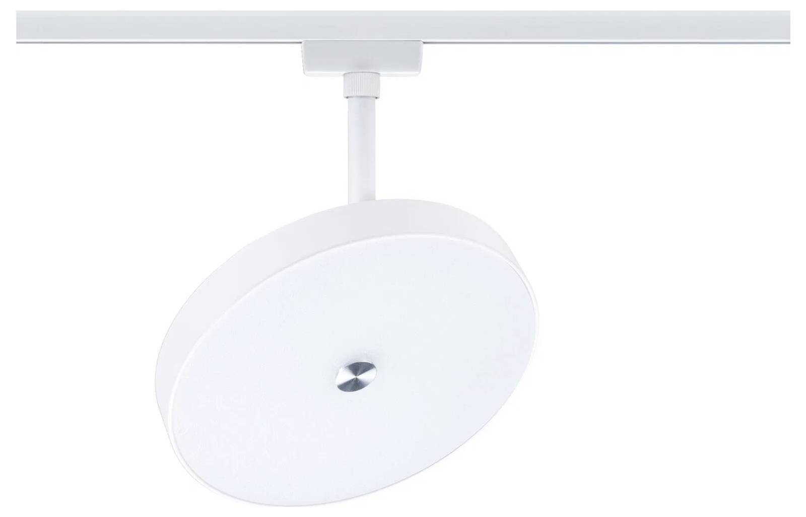 Okrągła, biała lampa sufitowa LED z eleganc kim designem, zamocowana na szynie, odpowiednia do nowoczesnego oświetlenia wnętrz.