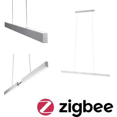 Trzy widoki nowoczesnej, smukłej, prostokątnej srebrnej lampy wiszącej, zawieszonej na linkach. Logo Zigbee wyświetlane jest u dołu.