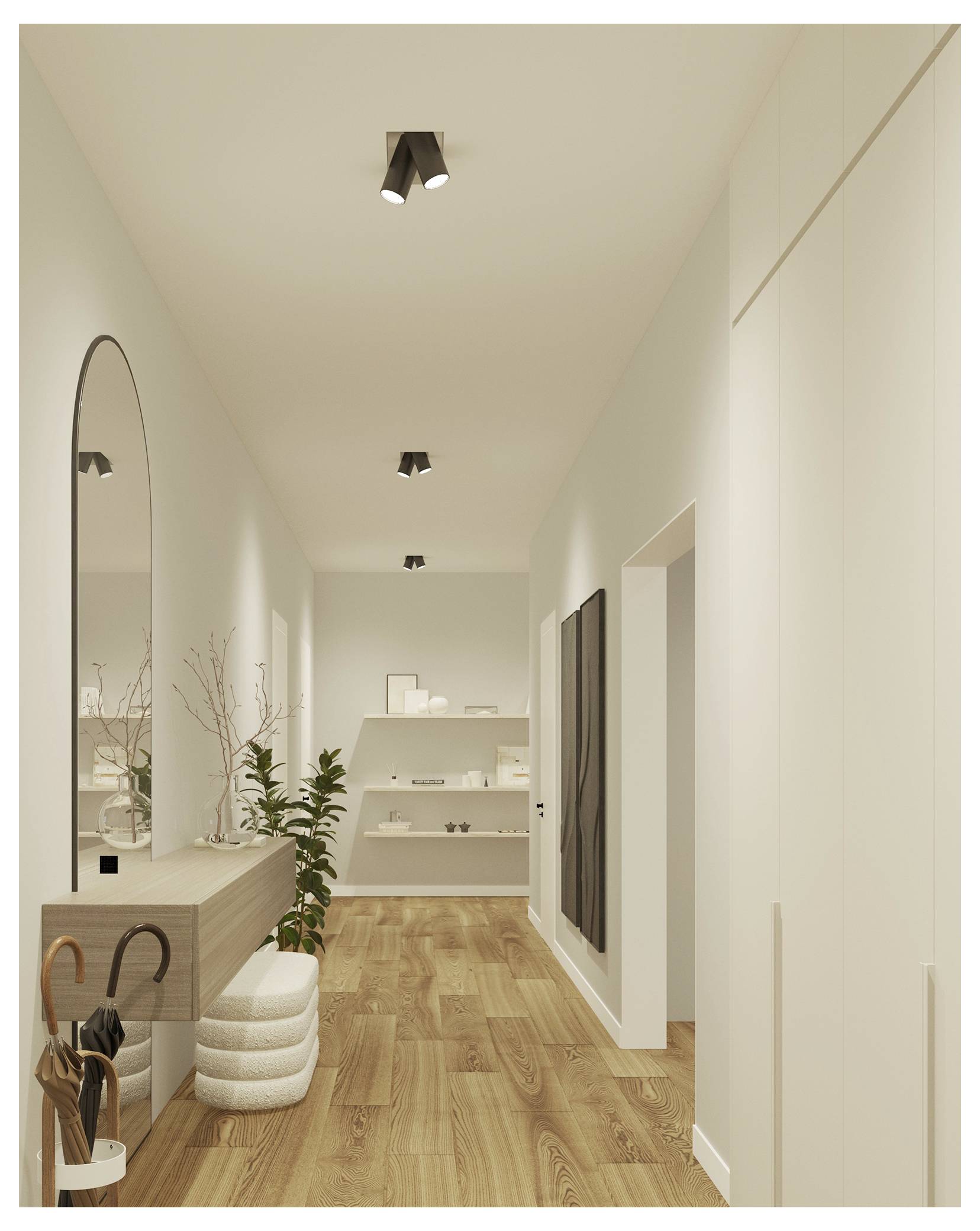 Nowoczesny, minimalistyczny korytarz z drewnianą podłogą, konsolą z dekoracjami, okrągłym lustrem, roślinami doniczkowymi i sufitowymi reflektorami punktowymi.