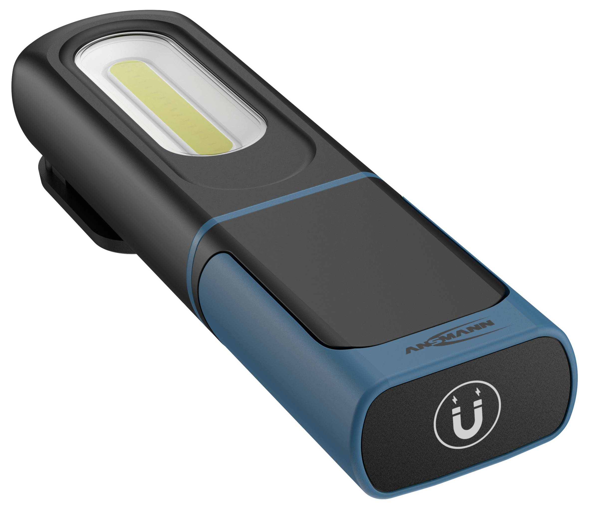 Niebieski i czarny podręczny latarka z klipsem z boku, wyposażona w szeroki pasek diod LED, zaprojektowany do przenośnego użycia.