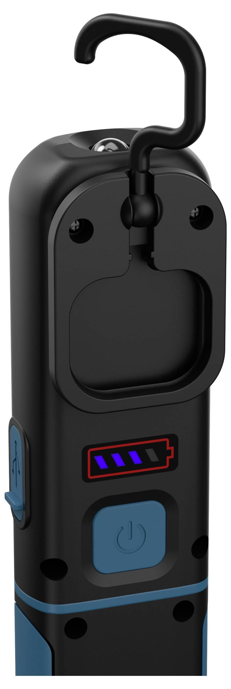 Ręczna latarka z hakiem na górze, przyciskiem zasilania na środku i wskaźnikiem poziomu naładowania baterii pokazującym stan naładowania na trzy czwarte.