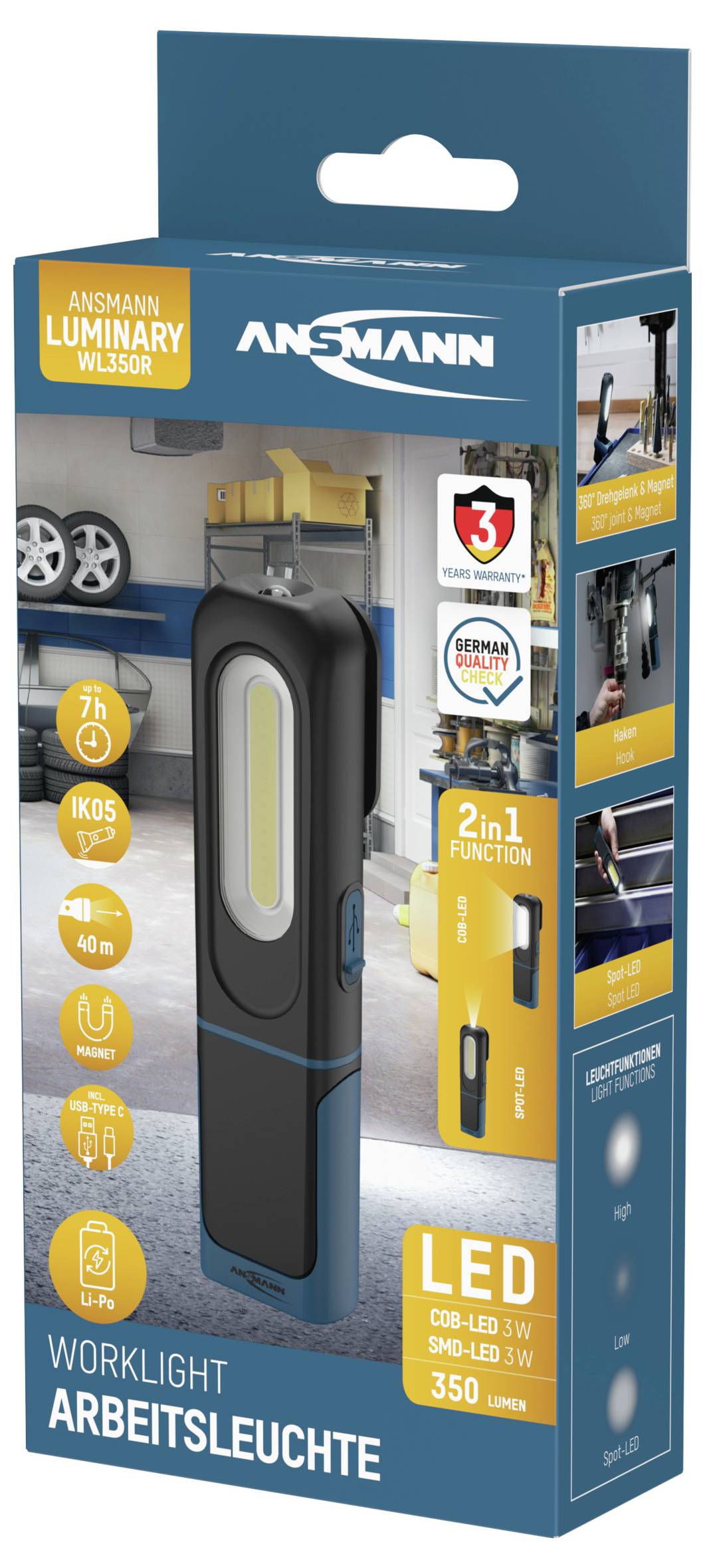 Opakowanie lampy roboczej Ansmann Luminary WL350R prezentuje funkcje: funkcja 2-w-1, LED 350 lumenów, z obrazami przedstawiającymi sposób użycia produktu i jego zalety.