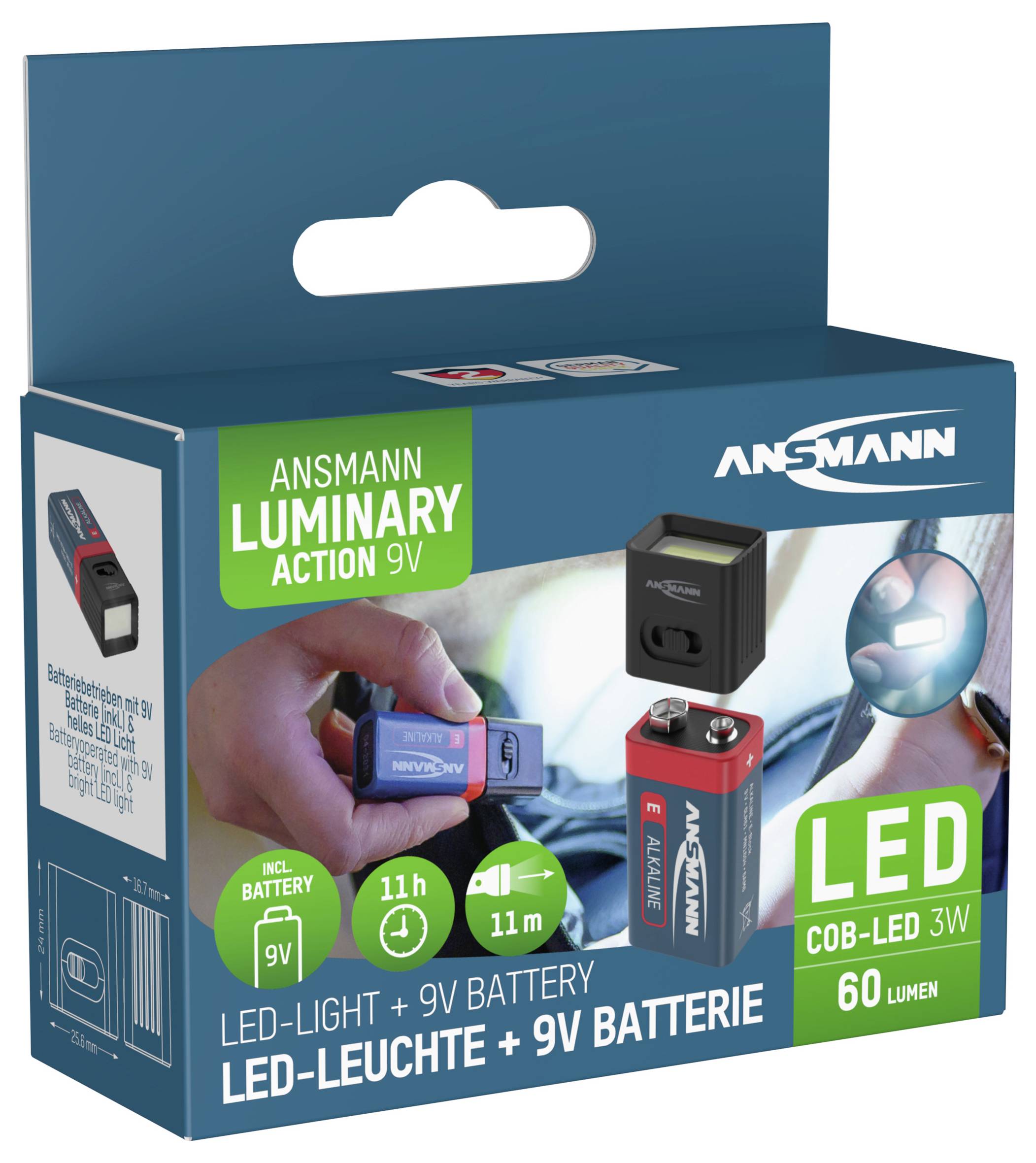 Opakowanie 'Ansmann Luminary Action 9V' z technologią COB, obejmujące lampkę LED o mocy 3W zasilaną baterią 9V, o wydajności 60 lumenów i zasięgu 11 metrów.
