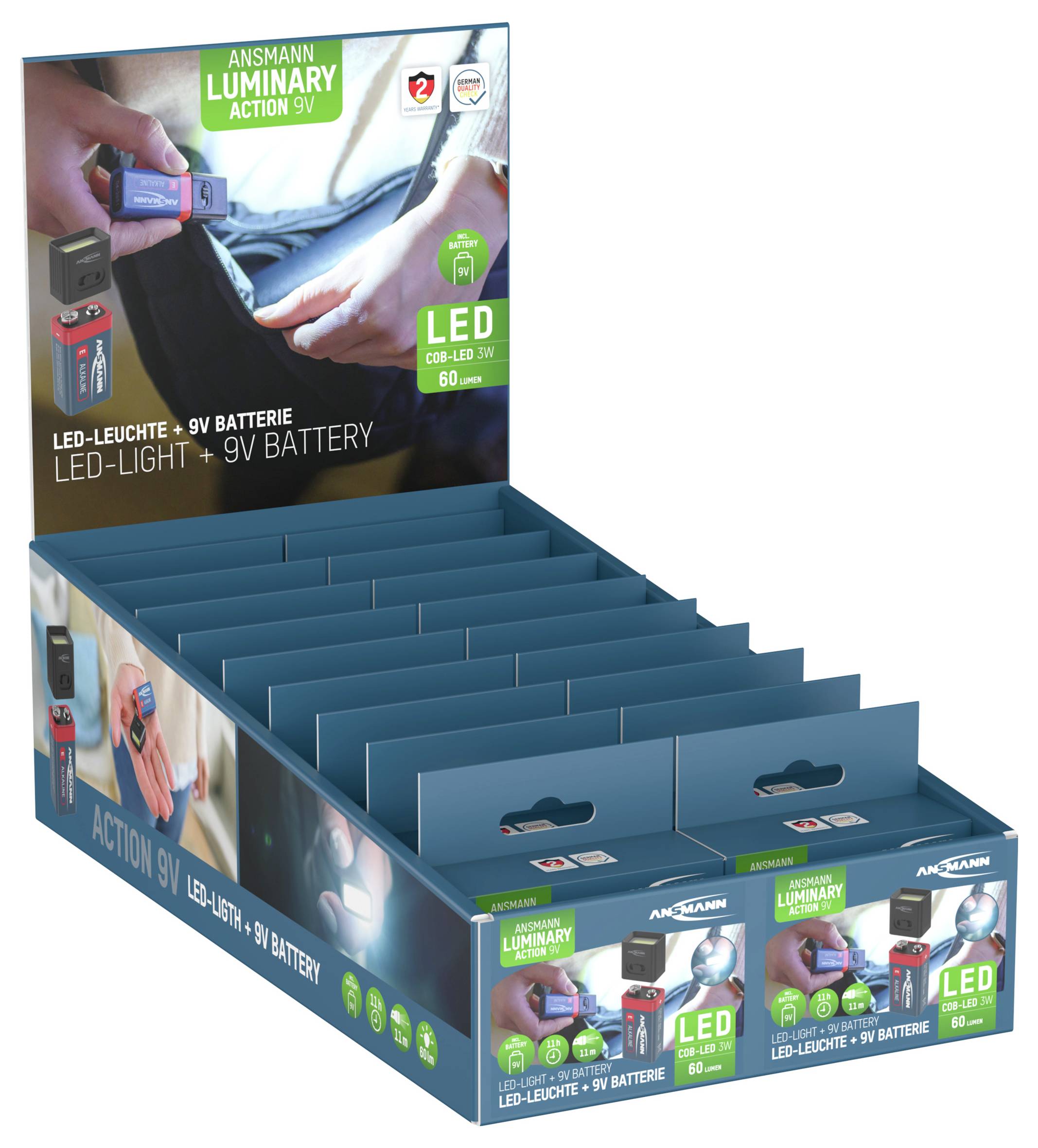 Wyświetlacz pudełka zestawu Ansmann Luminary Action 9V z diodą LED. Prezentuje zdjęcia produktu w użyciu, podkreślając natężenie światła o mocy 60 lumenów.