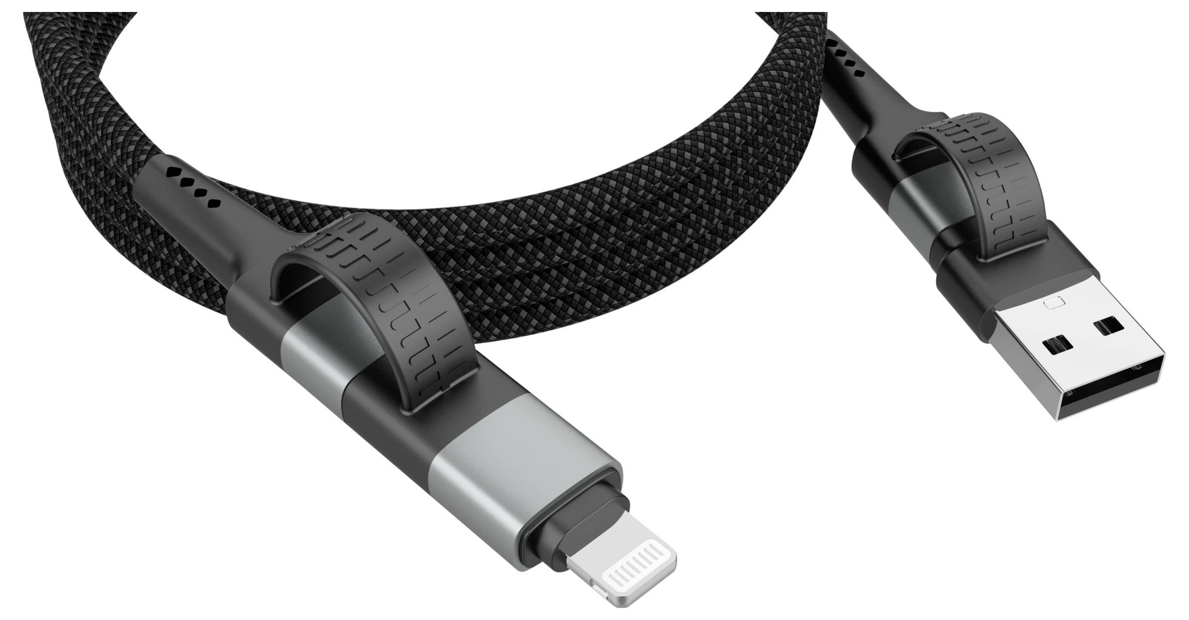 Czarny pleciony kabel z wtyczkami Lightning i USB, wyposażony w opaskę Velcro do łatwej organizacji, przeznaczony do ładowania urządzeń.