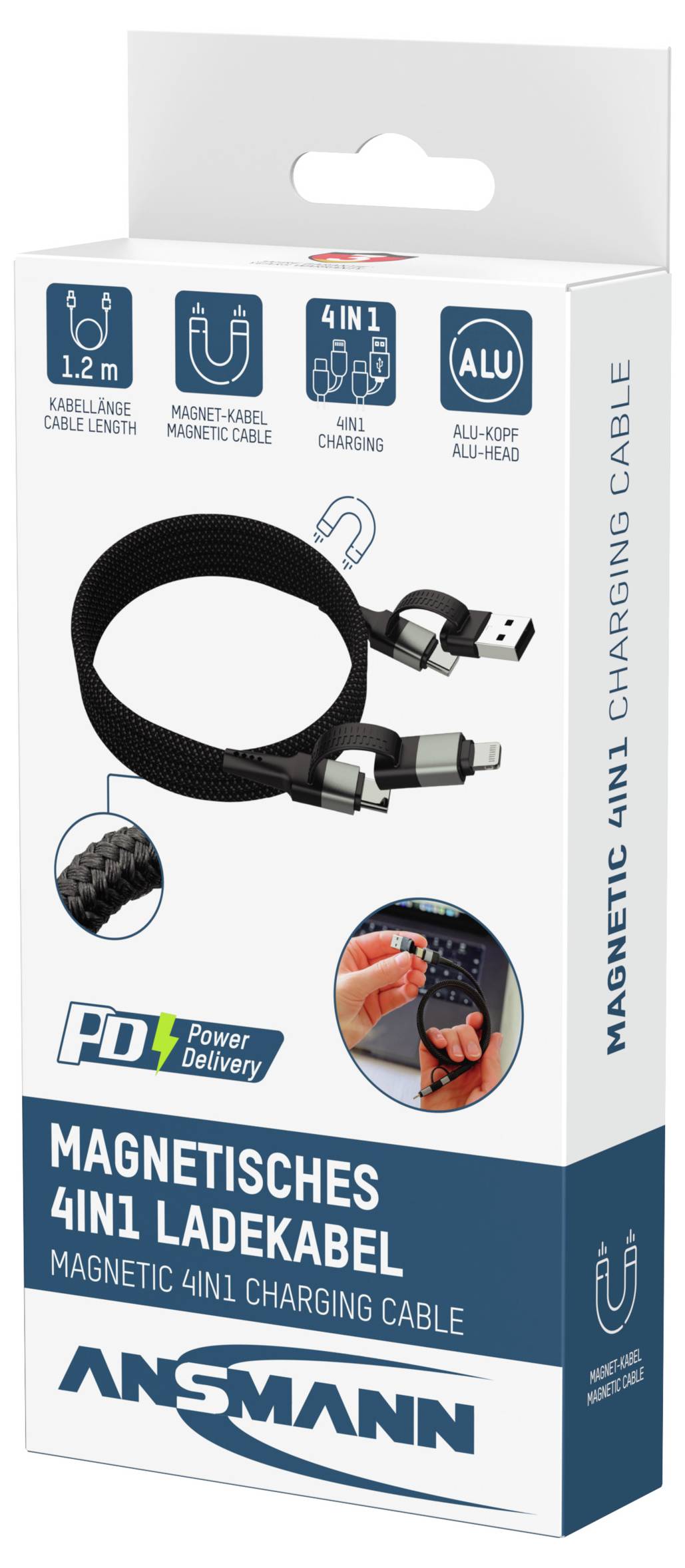 Kabel magnetyczny 4w1 do ładowania o długości 1,2 m z 4 złączami. Funkcje obejmują Power Delivery i aluminiową obudowę.