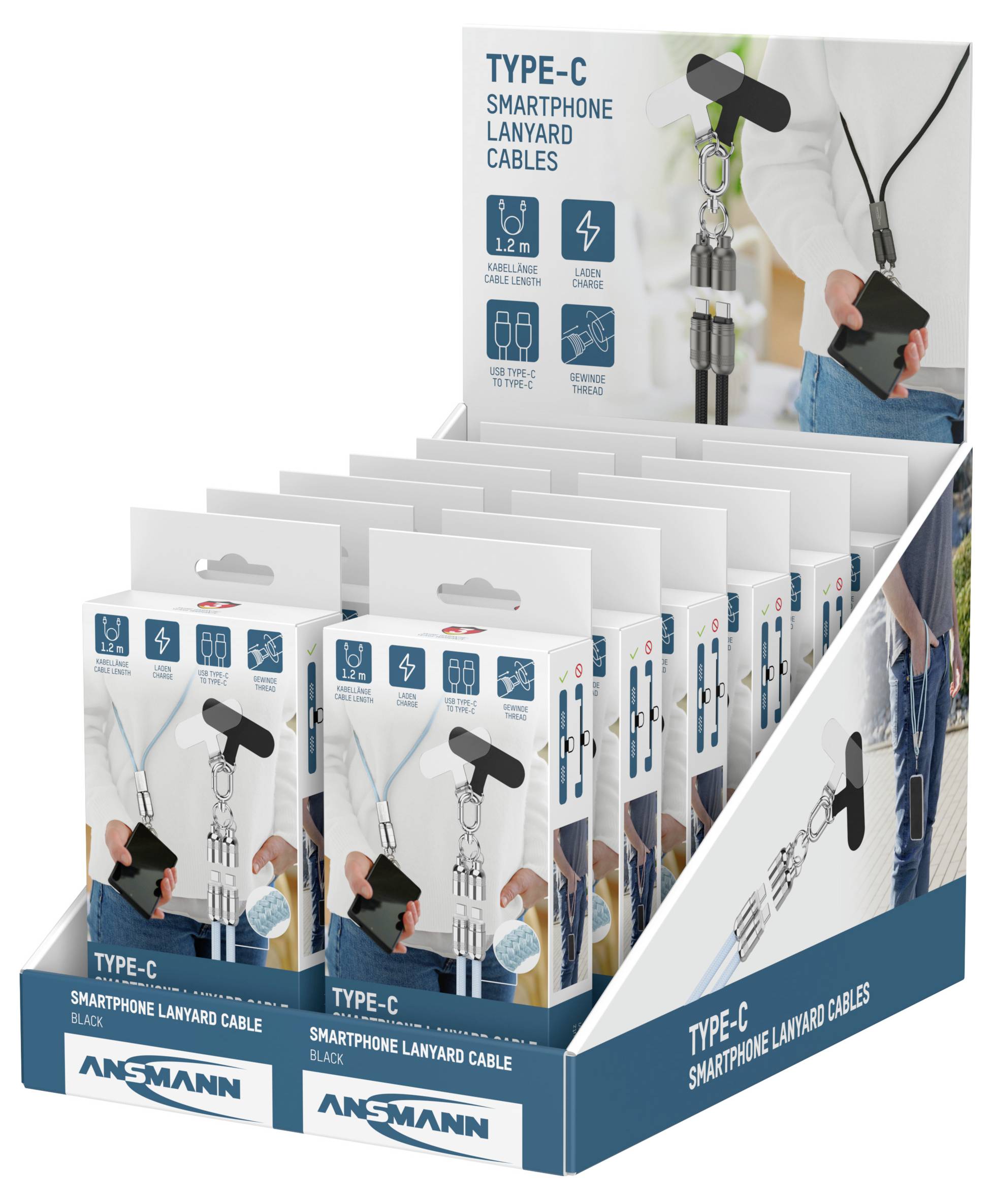 Prezentacja przewodów do smartfonów Ansmann z serii Type-C w opakowaniu detalicznym na półce, prezentujących takie funkcje jak szybkie ładowanie i wytrzymałość.