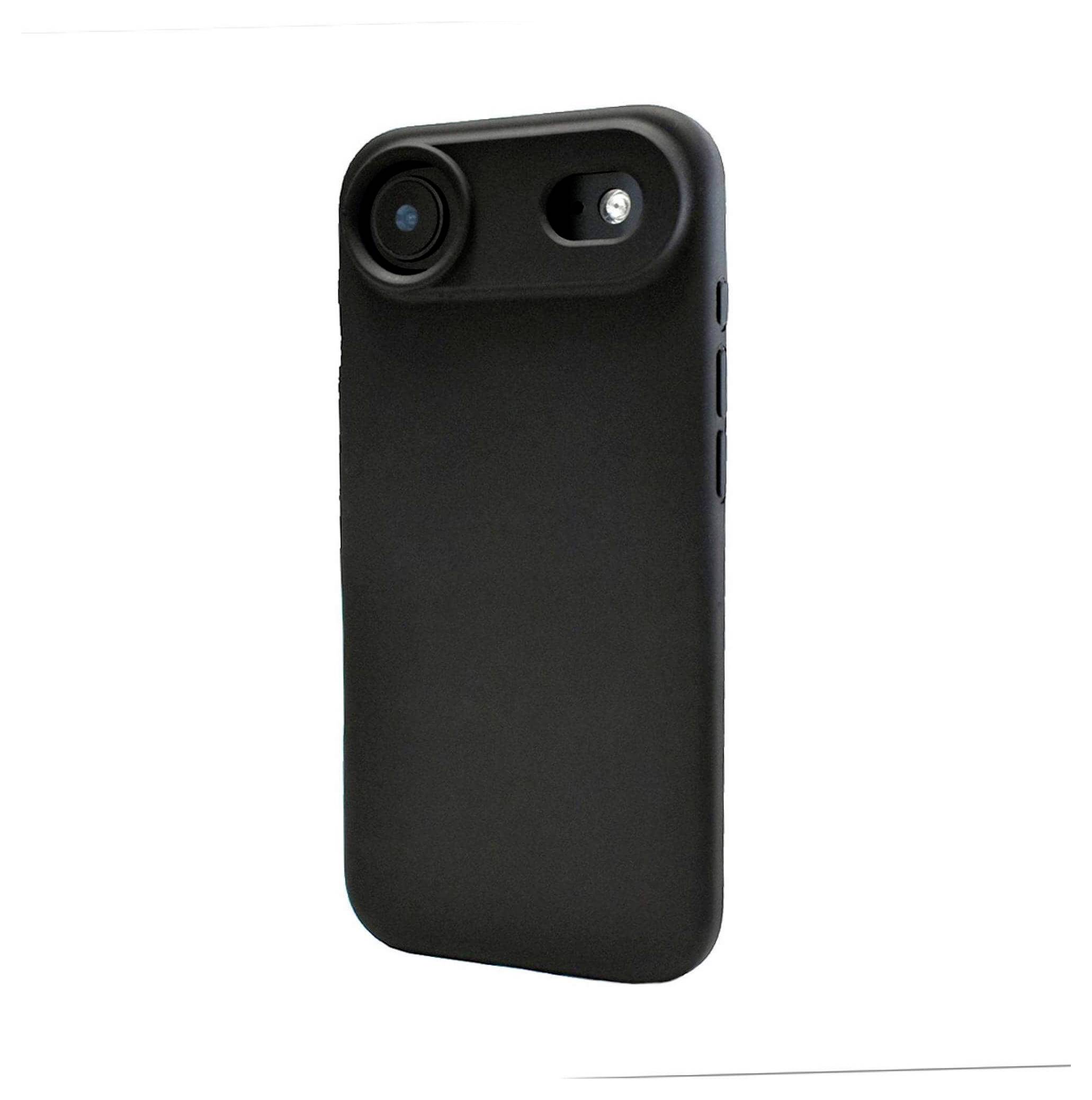 Czarny futerał na telefon z soczewką obiektywu typu rybie oko, podkreślający możliwości fotografowania szerokokątnego.