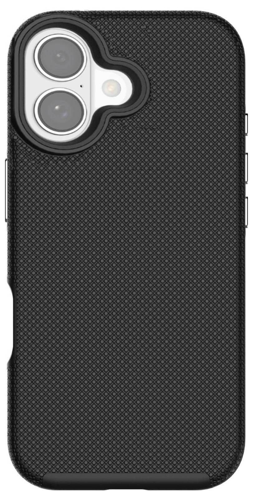 Czarny, strukturowany pokrowiec na smartfona z precyzyjnymi wycięciami na podwójny aparat fotograficzny i przyciski, zapewniający ochronę telefonu.