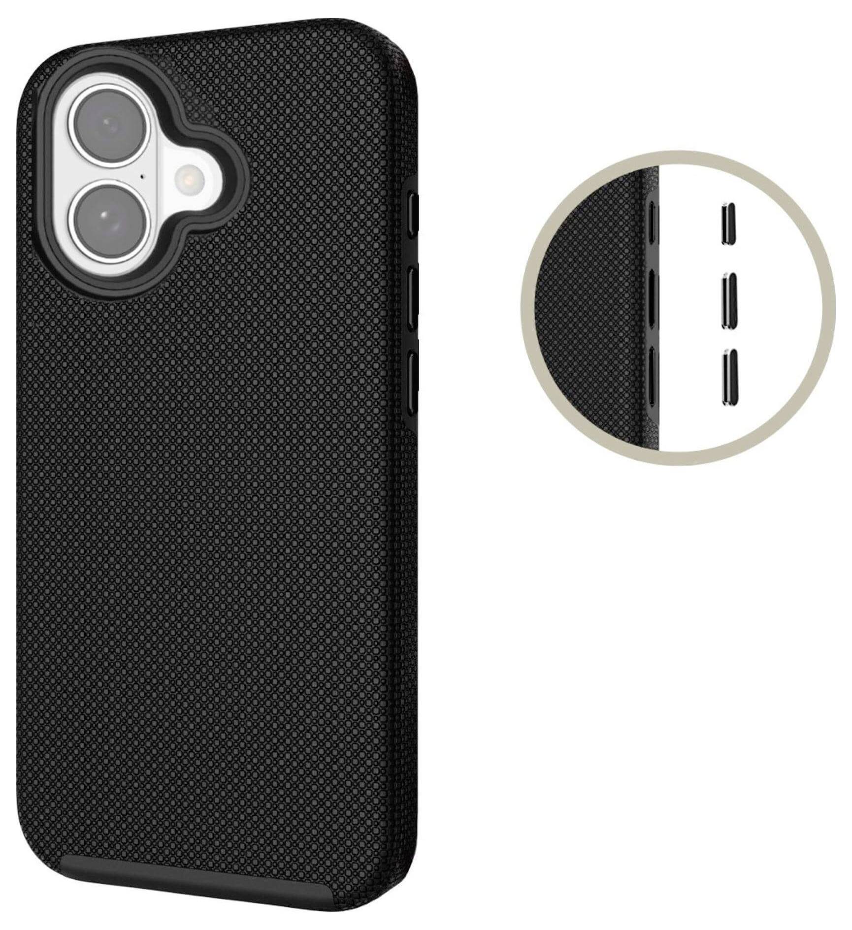 Czarny, teksturowany pokrowiec na telefon z dwoma wycięciami na obiektywy aparatu, prezentujący zbliżenie bocznych przycisków.