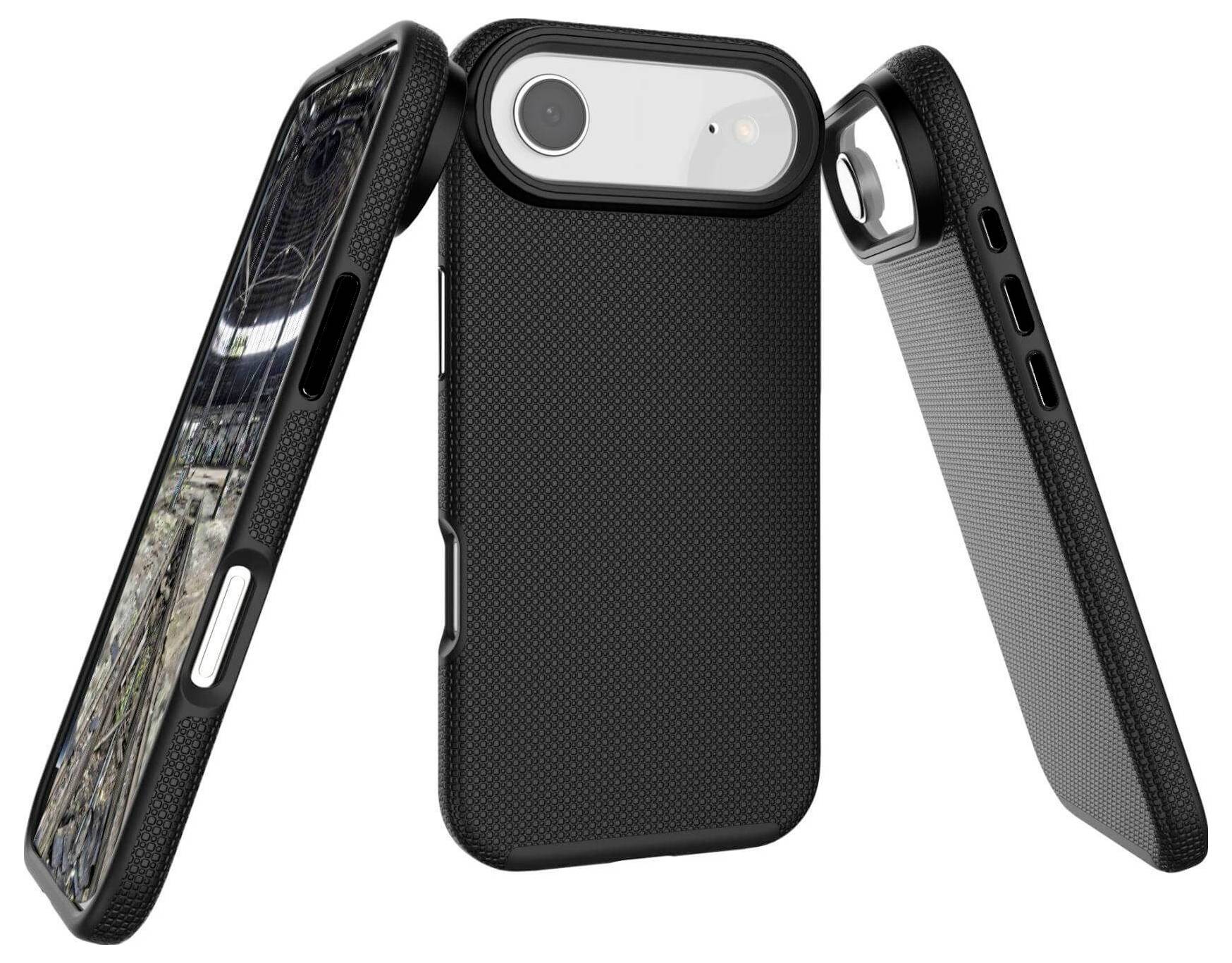 Trzy czarne, teksturowane etui na telefon są wyświetlane, eksponujące przedni, tylny i boczny kąt. Każde etui chroni telefon za pomocą eleganckiego designu.