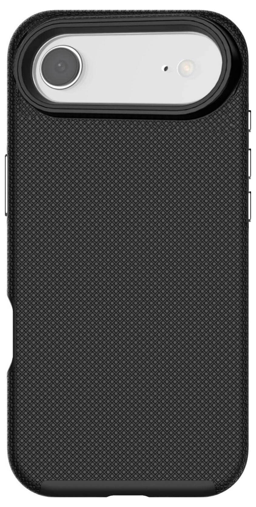 Czarny teksturowany futerał na smartfona z okrągłym wycięciem na aparat i lampę błyskową.