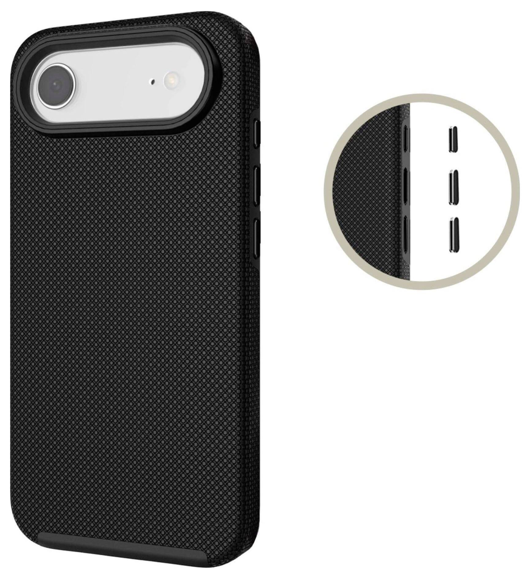 Pokazano czarną obudowę telefonu o strukturalnej teksturze, z wkomponowanym ujęciem z bliska prezentującym wycięcia na przyciski boczne.