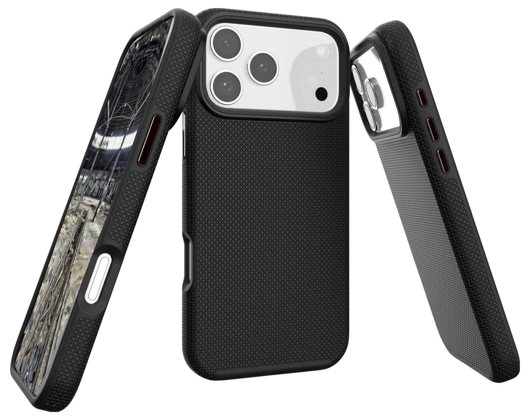 'Trzy czarne etui na smartfony są wyświetlane z różnych kątów, prezentujące teksturowane boki oraz precyzyjnie wycięte otwory na przyciski i kamerę.'