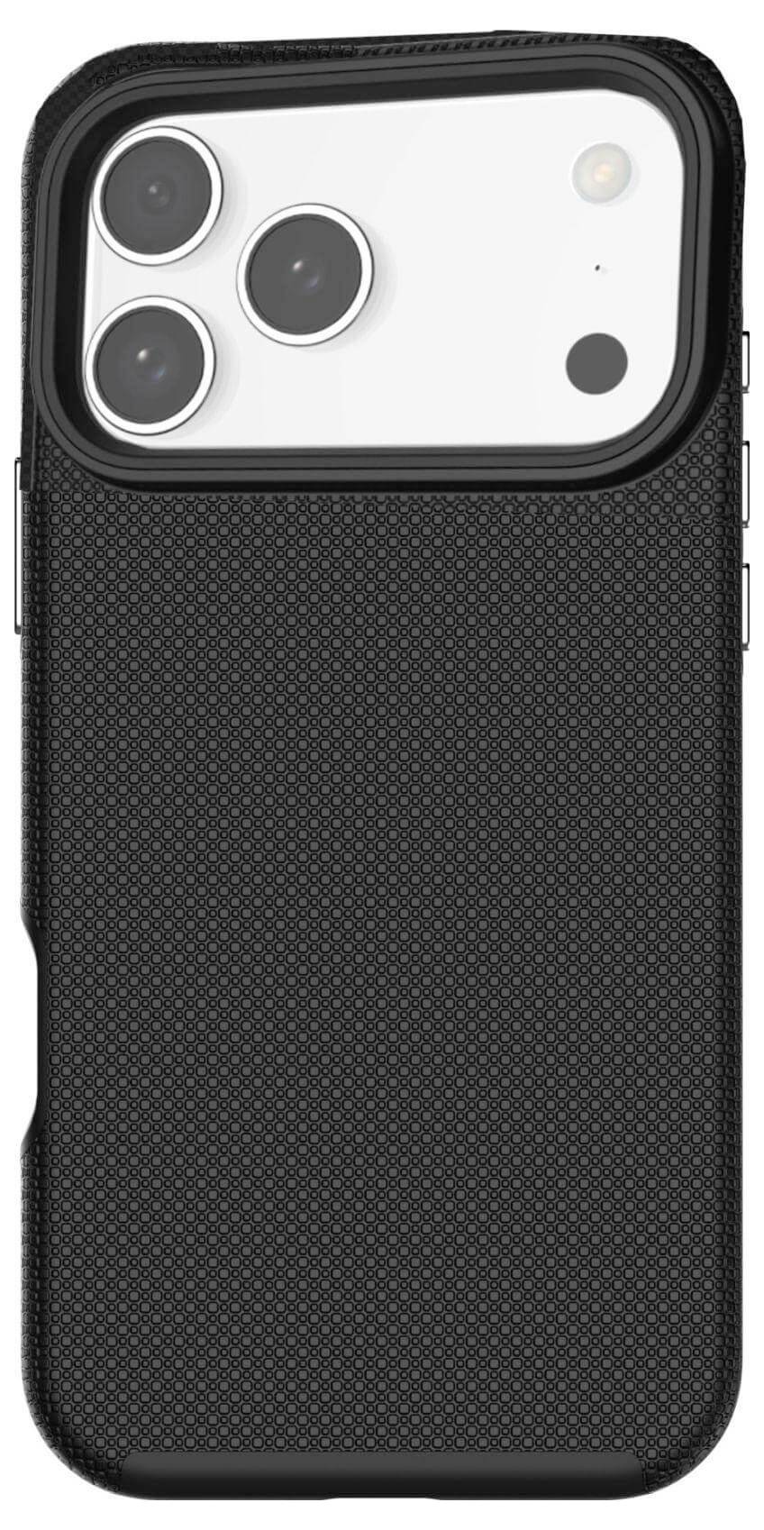 Czarny, teksturowany futerał na smartfon z trzema wycięciami na obiektywy aparatu i otworem na lampę błyskową u góry.