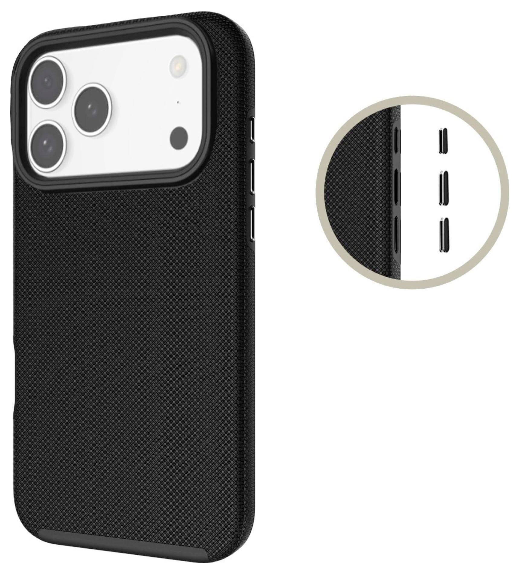 Czarny, teksturowany pokrowiec na telefon przeznaczony do urządzenia z trzema obiektywami tylnej kamery, przedstawiony od tyłu i z boku, podkreślający rozmieszczenie przycisków.