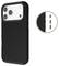 Czarny, teksturowany pokrowiec na telefon przeznaczony do urządzenia z trzema obiektywami tylnej kamery, przedstawiony od tyłu i z boku, podkreślający rozmieszczenie przycisków.