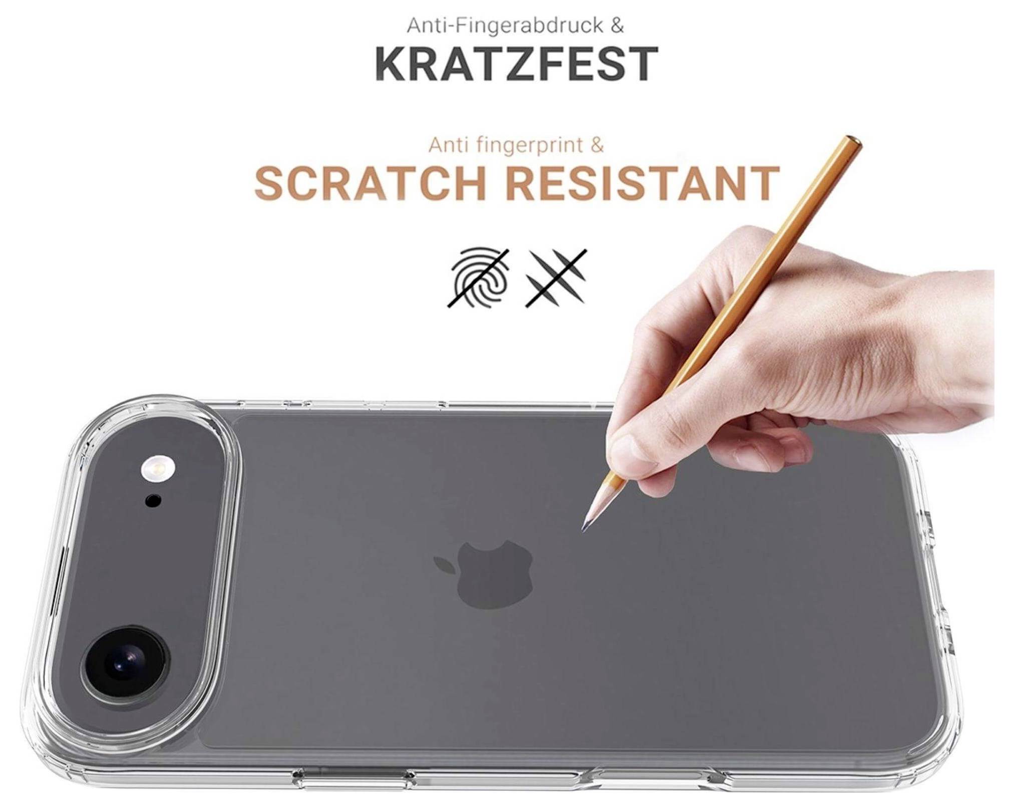 Dłoń trzymająca ołówek demonstruje, jak przezroczyste etui ochronne zabezpiecza iPhone'a przed zarysowaniami i odciskami palców. Tekst podkreśla "Odporne na zarysowania" i "Zabezpieczenie przed odciskami palców".