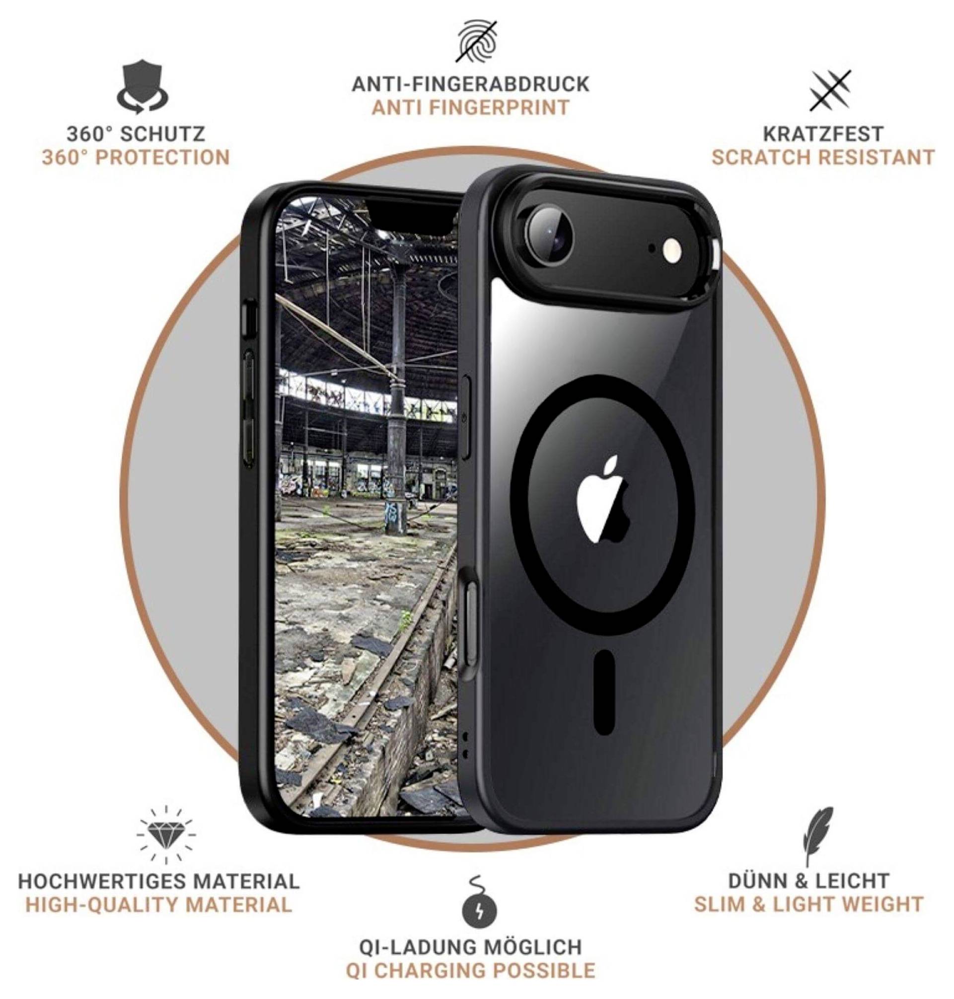 Czarna obudowa na telefon z logo Apple oferuje ochronę 360°, odporność na odciski palców, odporność na zarysowania oraz ładowanie bezprzewodowe Qi.