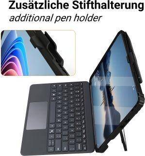 Laptop z dodatkowym uchwytem na długopis jest widoczny. Ekran wyświetla kolorowe tło. Tekst głosi: 'Dodatkowy uchwyt na długopis additional pen holder'.