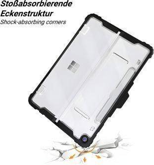 Etui na tablet z gumową obwódką jest pokazane podczas pochłaniania uderzenia, z zaznaczonymi amortyzującymi narożnikami, co ilustrują pękające linie na podłożu poniżej.