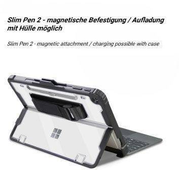 Urządzenie Microsoft z klawiaturą i podstawką, wyposażone w szczupły długopis przypinany magnetycznie. Tekst: 'Slim Pen 2 - możliwość magnetycznego przypięcia / ładowania za pomocą etui'.
