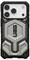 Wytrzymały futerał UAG na telefon z metalicznym wzorem geometrycznym i czarnymi krawędziami, wyposażony w ochronne wycięcie na aparat smartfona.